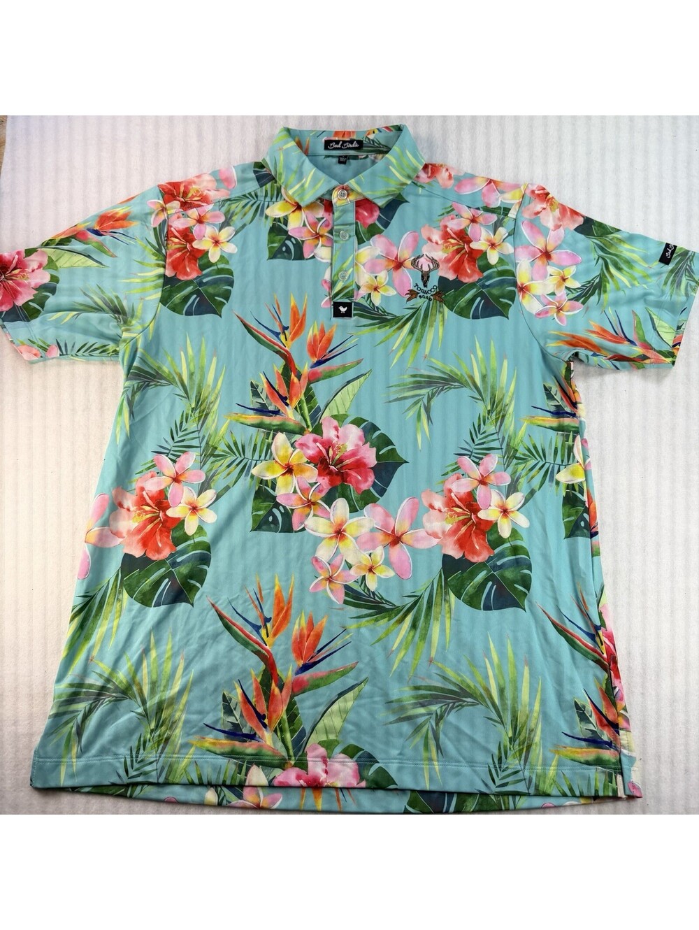 Bad Birdie Mens L Golf Polo Tropical Floral Hibiscus Tobacco Road NC